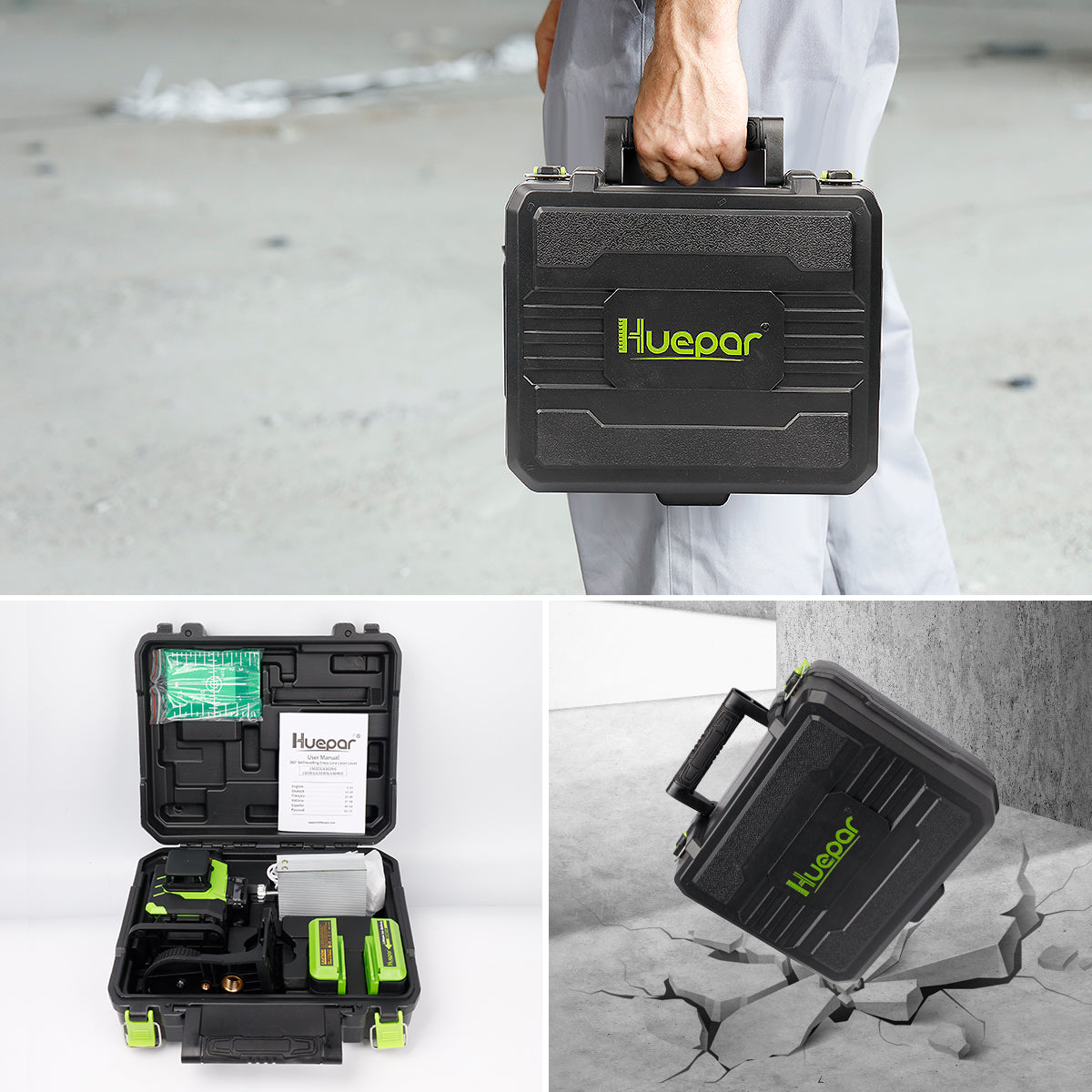 Huepar LS04CG 4D 16-Line Green Laser Level | 360° Cross-Line Tool for Tiling & Construction