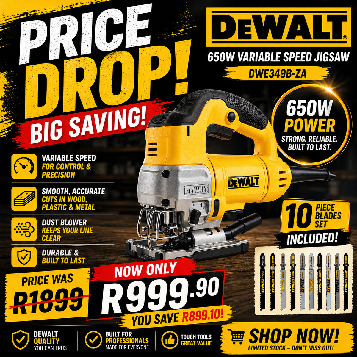 DeWALT 650W Variable Speed Jigsaw + 10 Piece Blades Set | DWE349B-ZA | South Africa