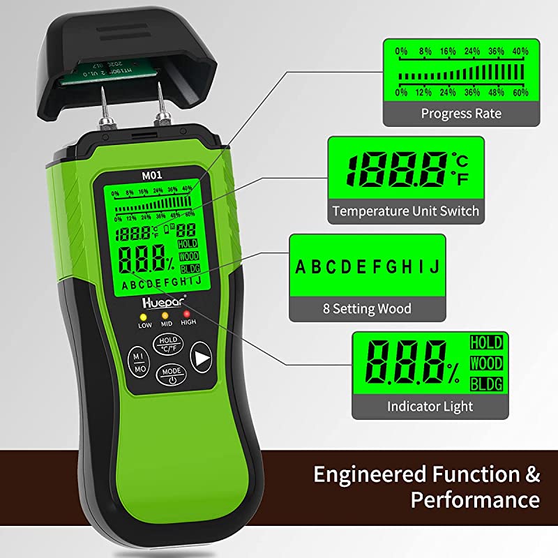 Huepar Digital Wood Moisture Meter | Pin-Type Water Leak Detector with 2 Modes & LCD Backlight