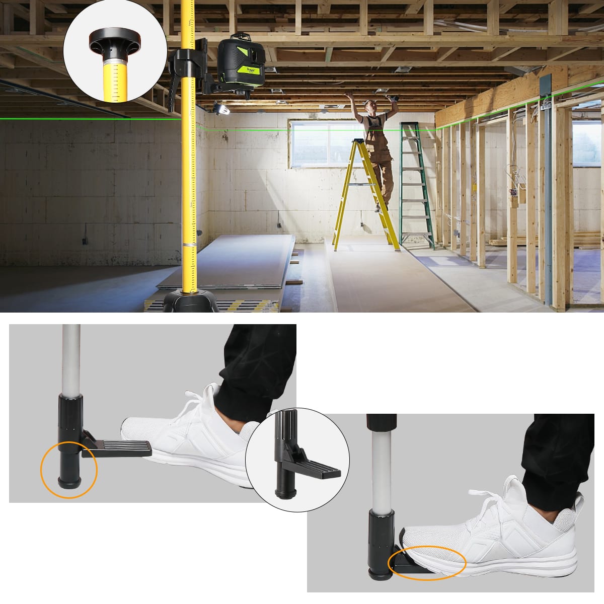 Huepar LP36A Laser Mounting Pole with Tripod | 3.7m/12ft Telescoping System for Laser Levels