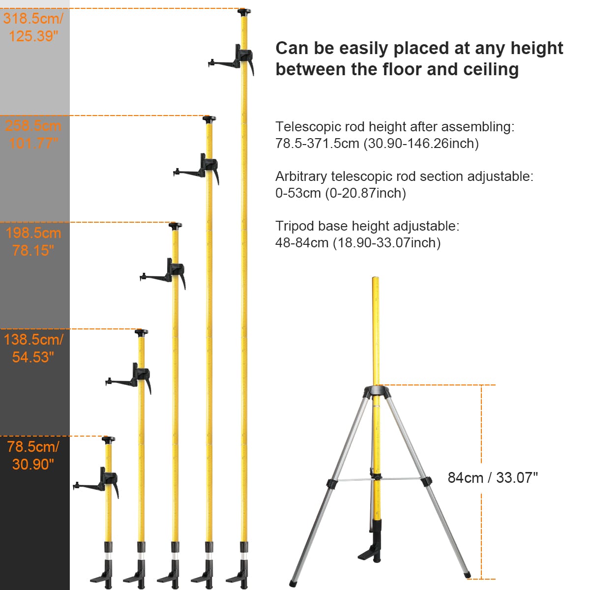 Huepar LP36A Laser Mounting Pole with Tripod | 3.7m/12ft Telescoping System for Laser Levels