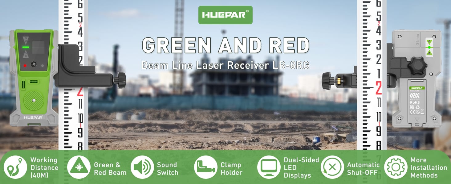 Huepar LR-8RG Laser Receiver | Digital Detector for Red & Green Pulse Lasers (60m/200ft)