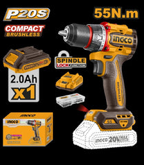 INGCO 20V Cordless Impact Drill Kit (55Nm) | Complete with 2.0Ah Battery & Charger (CDLI205582)