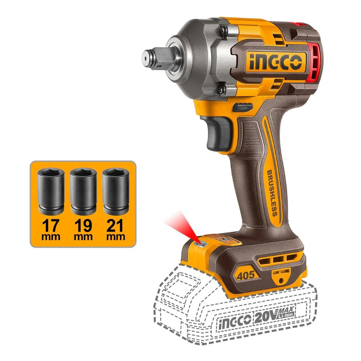 Ingco Impact Wrench 405Nm (Tool Only) 1/2" Drive 20V CIWLI20451