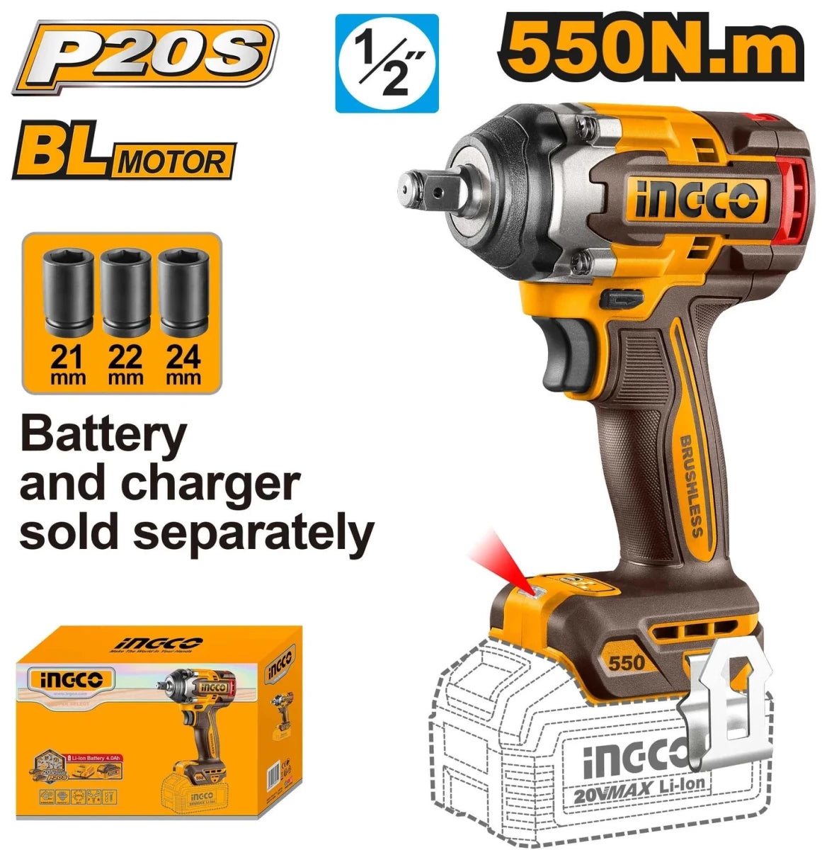 Ingco Impact Wrench 550Nm (Tool Only) 20V CIWLI20551