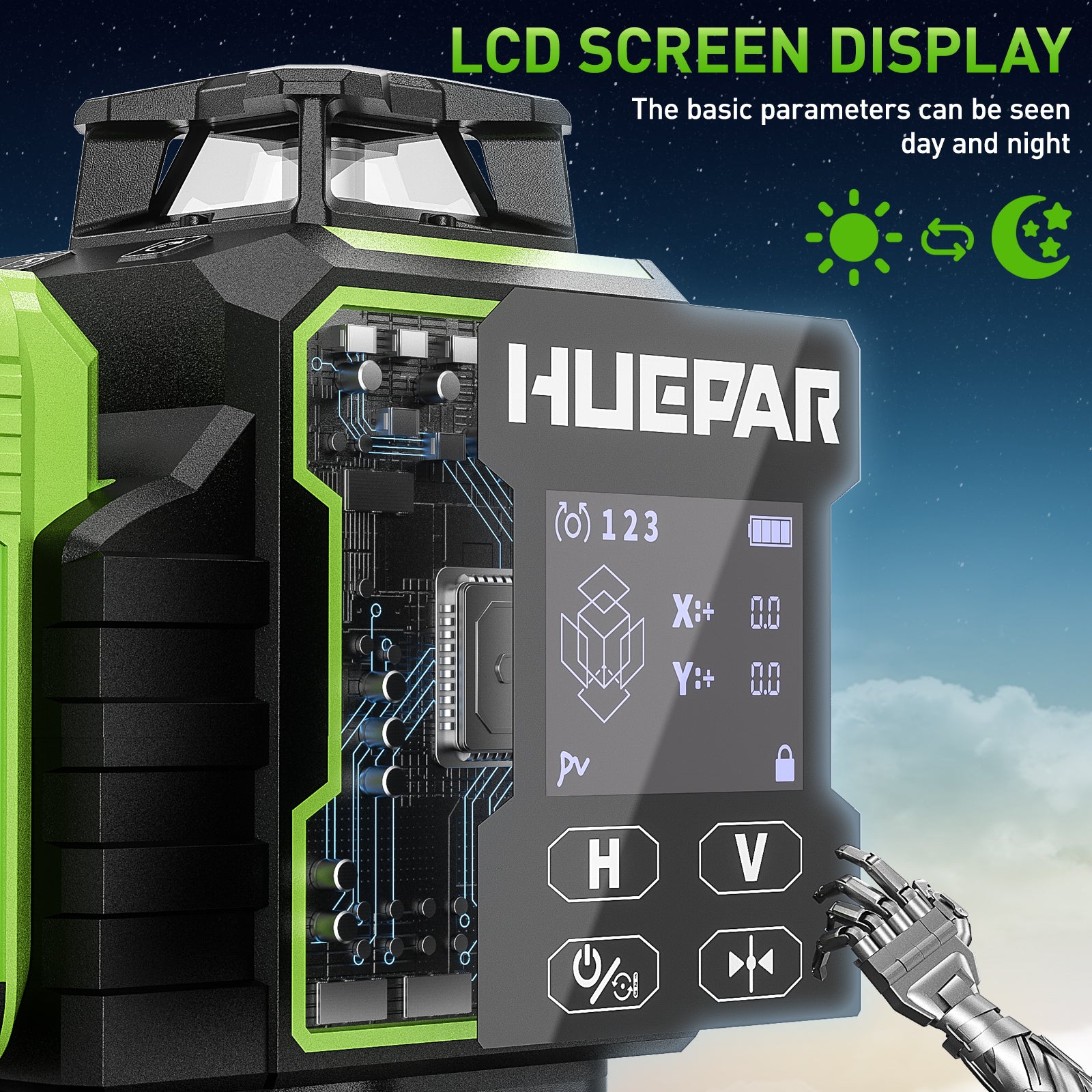Huepar 4x360 4D Green Laser Level | 16-Line Self-Leveling with Motorized Base & Remote