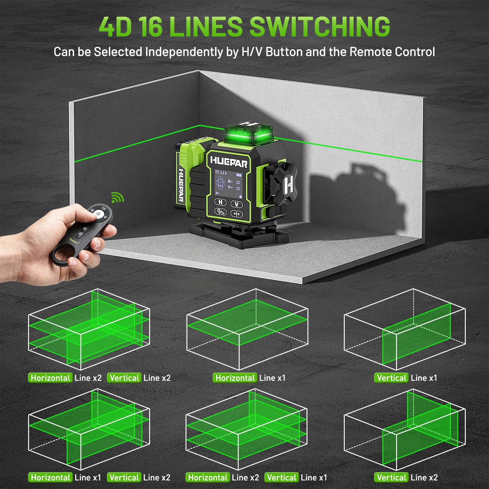 Huepar 4x360 4D Green Laser Level | 16-Line Self-Leveling with Motorized Base & Remote