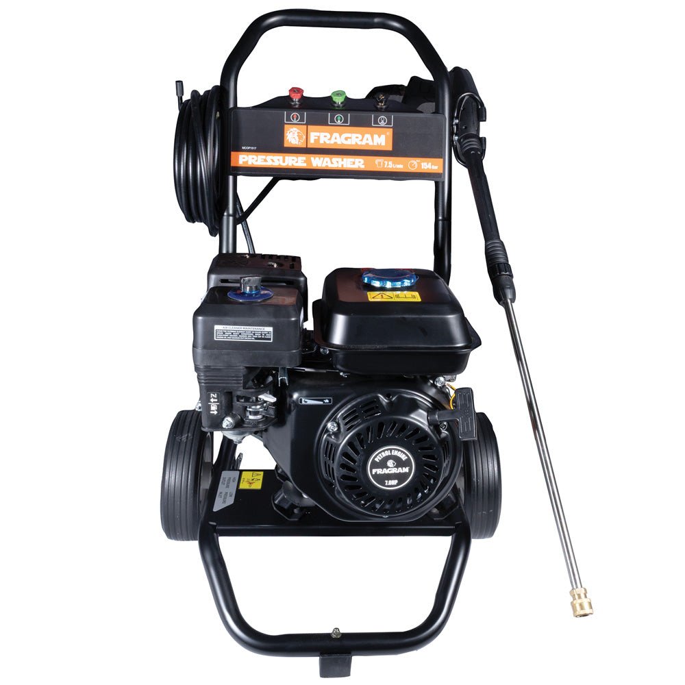 Fragram 7HP petrol pressure washer side view with wheels