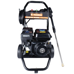 Fragram 7HP petrol pressure washer side view with wheels