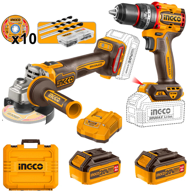 Ingco Cordless Angle Grinder 1200W & 66Nm Drill 20V Combo kit