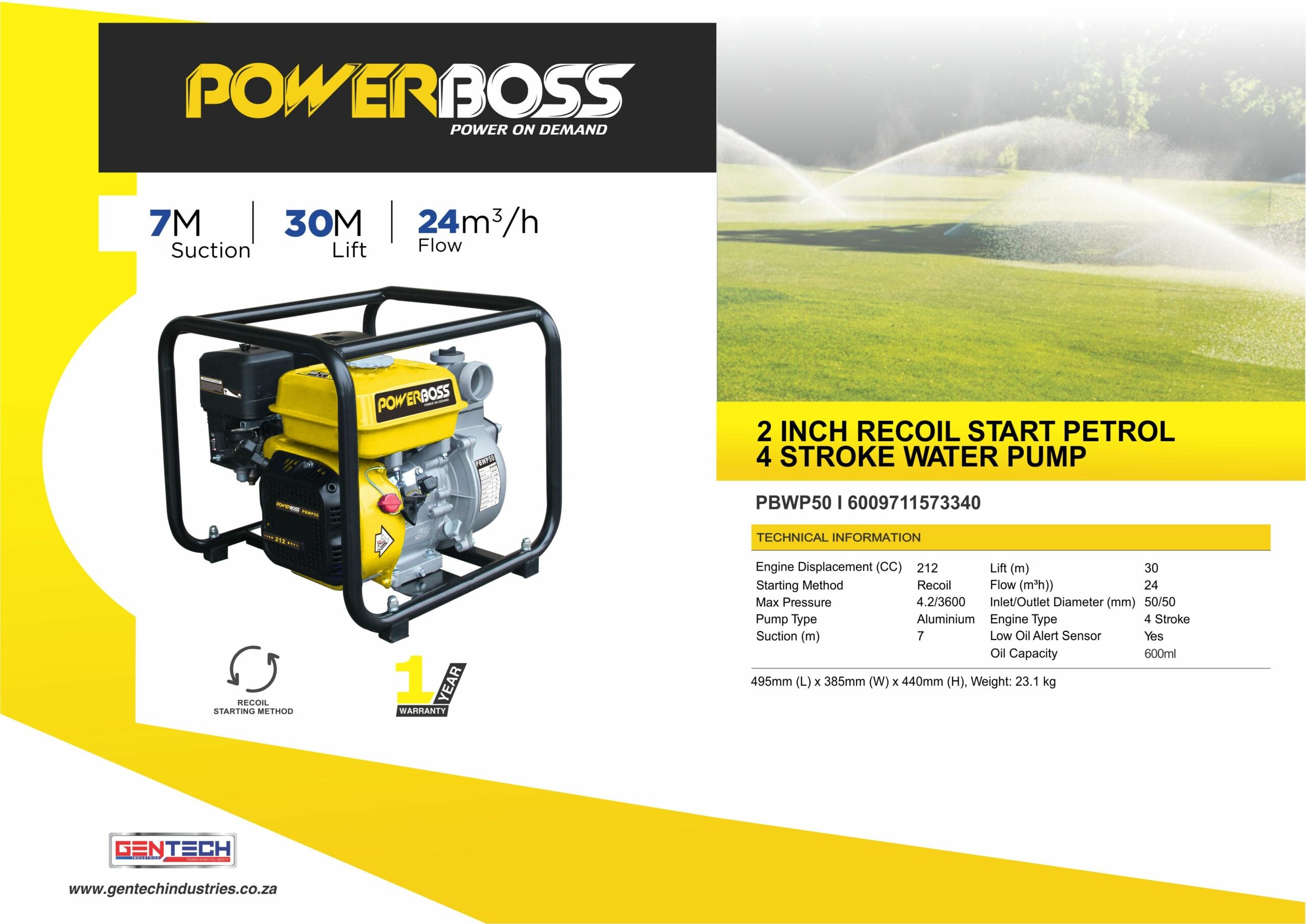 POWERBOSS 2 INCH RECOIL START PETROL 4 STROKE PETROL WATER PUMP