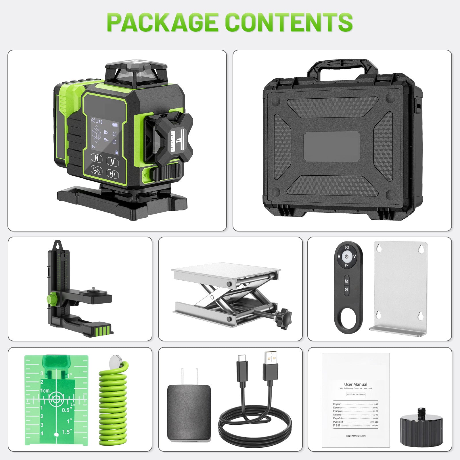 Huepar 4x360 4D Green Laser Level | 16-Line Self-Leveling with Motorized Base & Remote