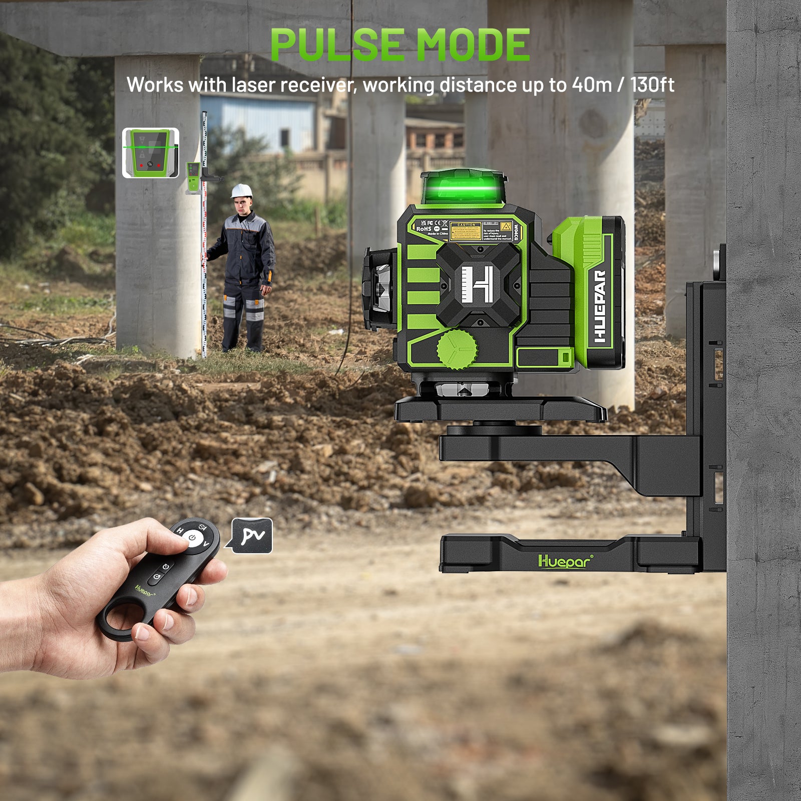 Huepar 4x360 4D Green Laser Level | 16-Line Self-Leveling with Motorized Base & Remote