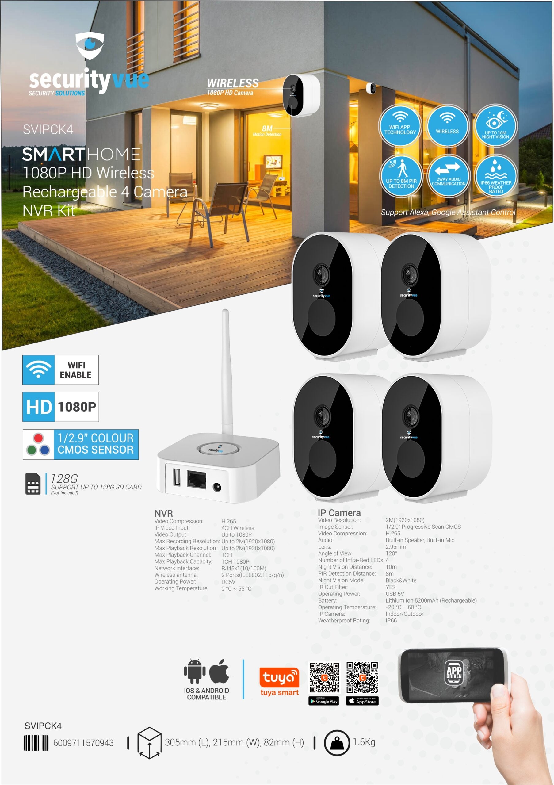 SECURITYVUE SMARTHOME 1080P HD WIRELESS RECHARGEABLE 4 CAMERA NVR KIT