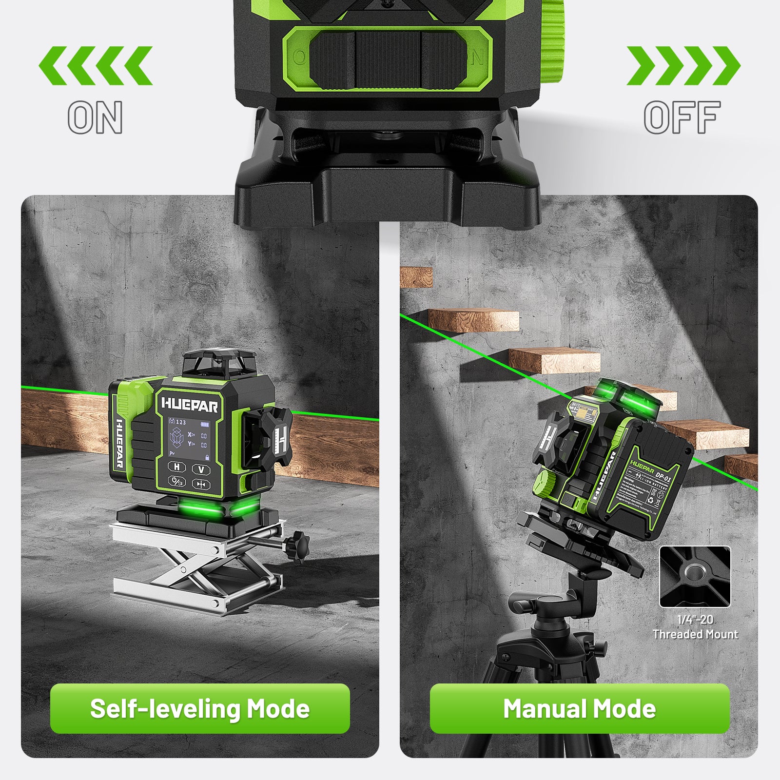 Huepar 4x360 4D Green Laser Level | 16-Line Self-Leveling with Motorized Base & Remote