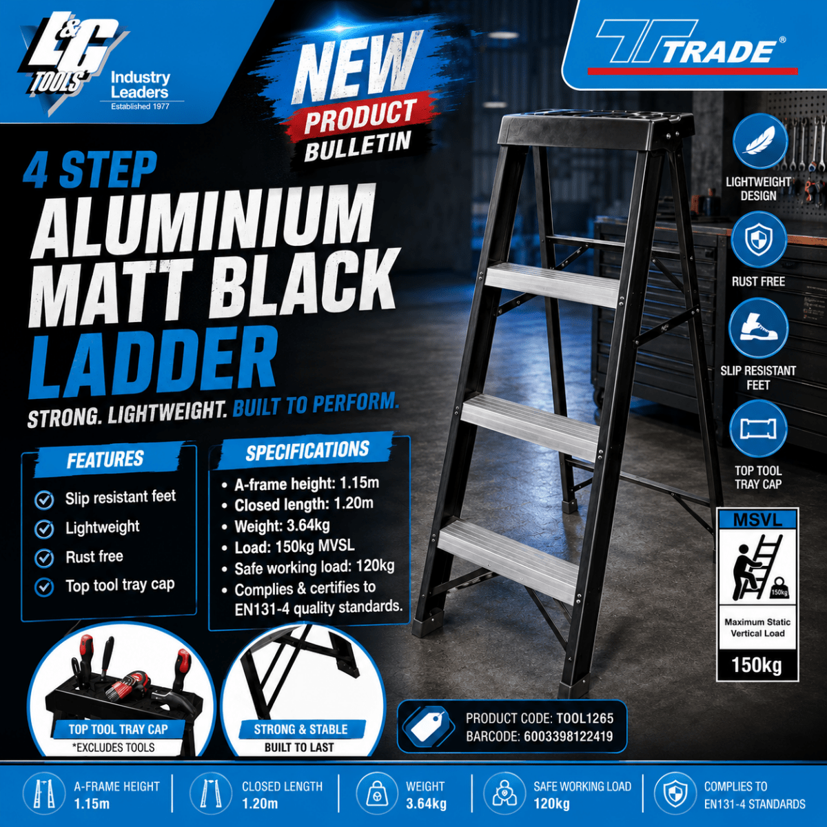 TRADE PROFESSIONAL Black 4 Step A Frame Aluminium Ladder TOOL1265