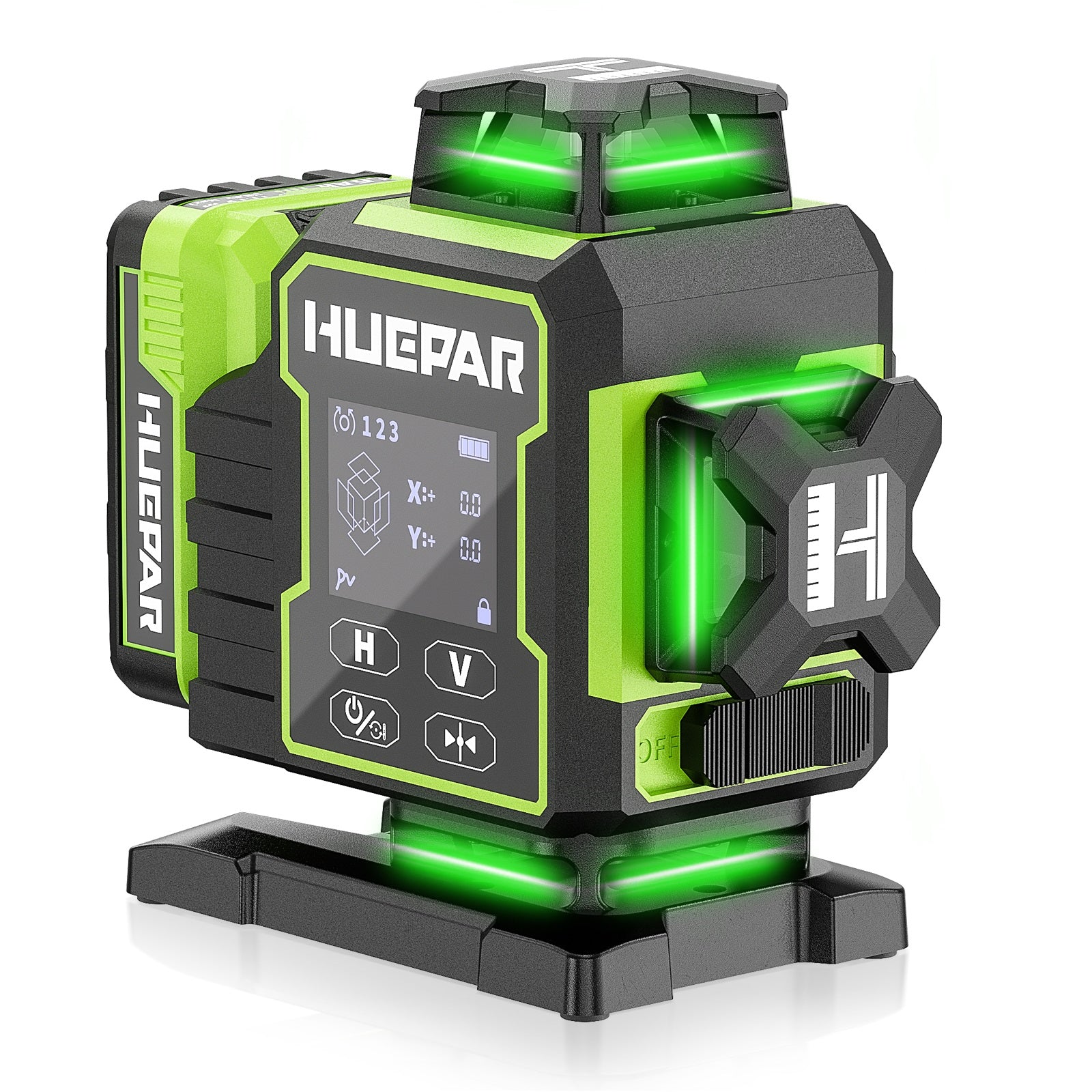 Huepar 4x360 4D Green Laser Level | 16-Line Self-Leveling with Motorized Base & Remote