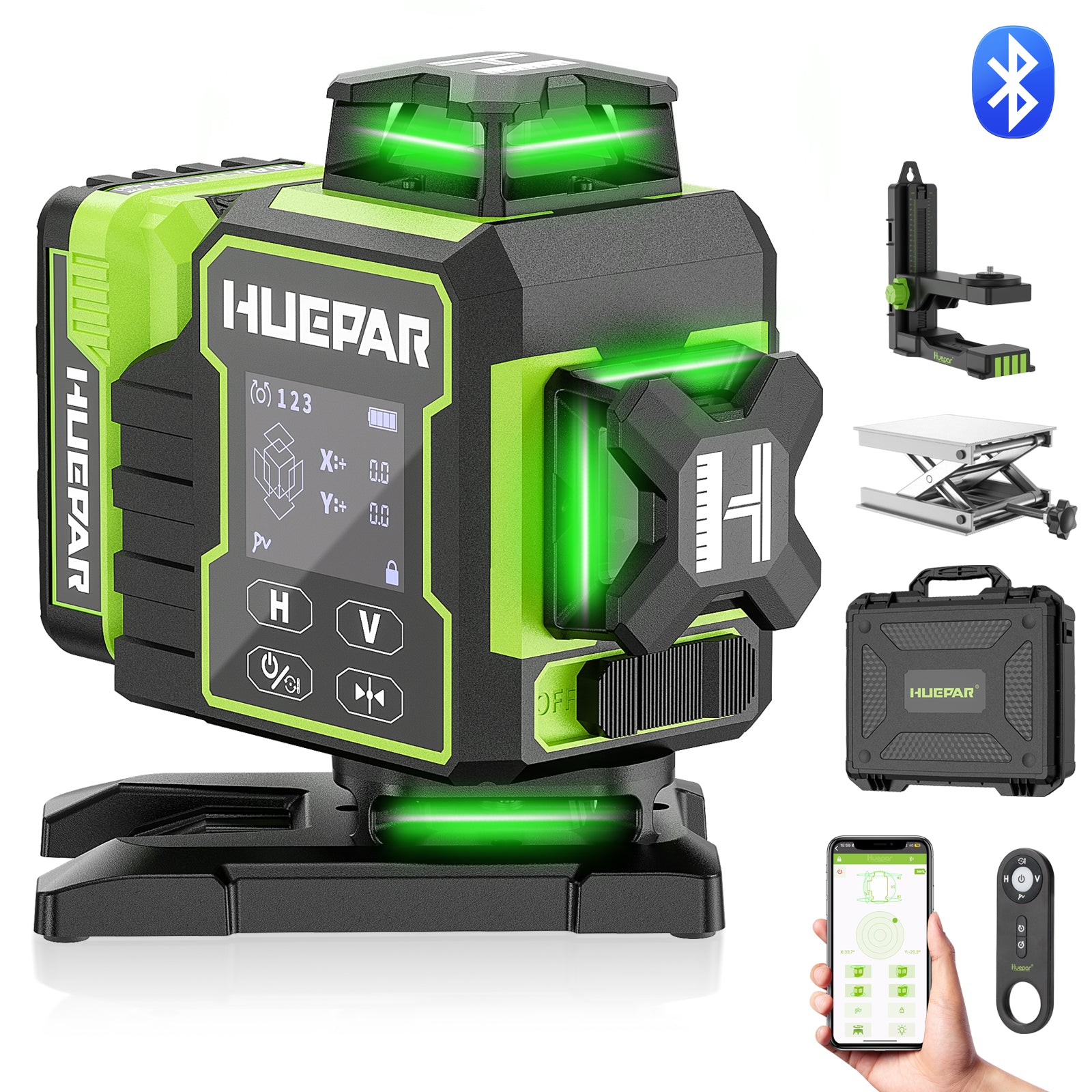 Huepar 4x360 4D Green Laser Level | 16-Line Self-Leveling with Motorized Base & Remote