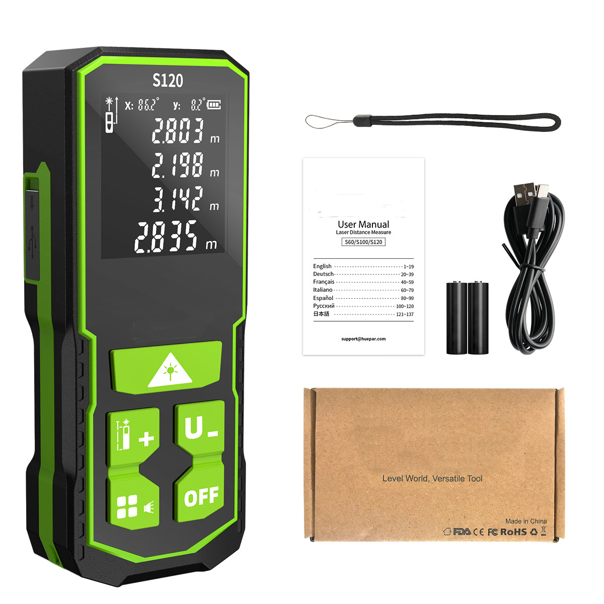 Huepar S120A Laser Distance Measure (120m) | Digital Tape with Angle Sensor & Backlit LCD