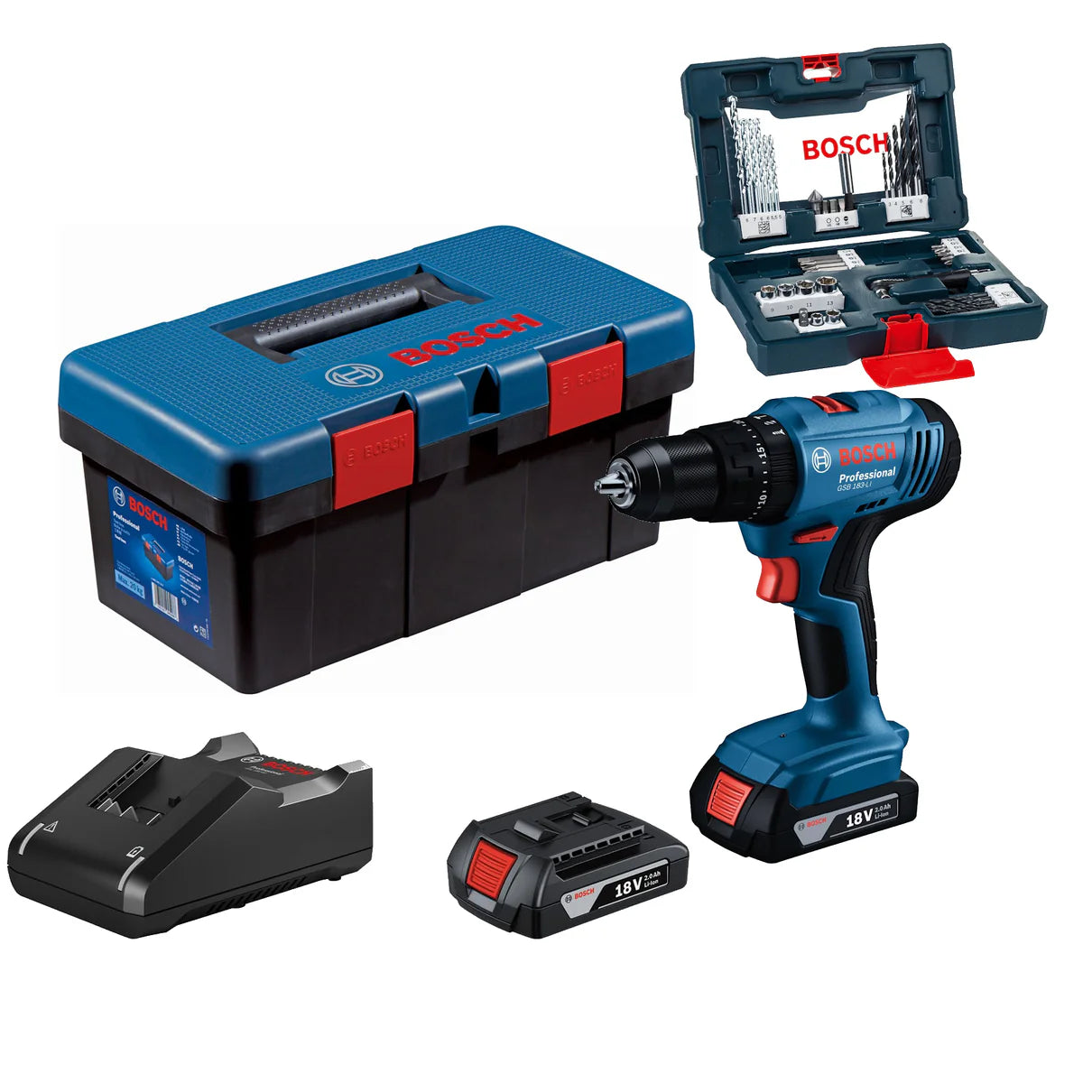 Bosch GSB 183-LI Professional 18V Cordless Drill Kit | with 2x Batteries, Charger & 41-Piece Bit Set