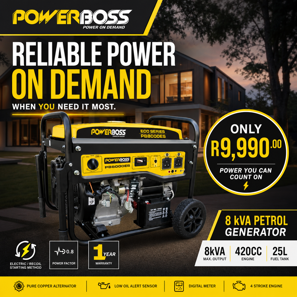 POWERBOSS 8 kVA Recoil Start Petrol Generator - Reliable Power for Home & Work