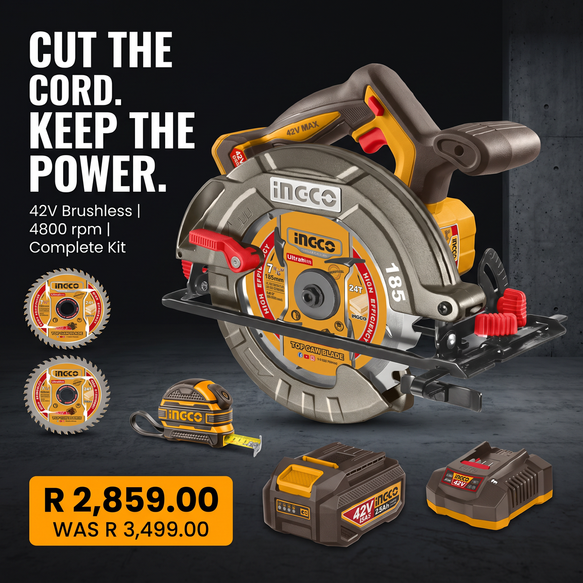INGCO 42V Brushless Cordless Circular Saw Kit | 185mm Blade (Battery & Charger Included)