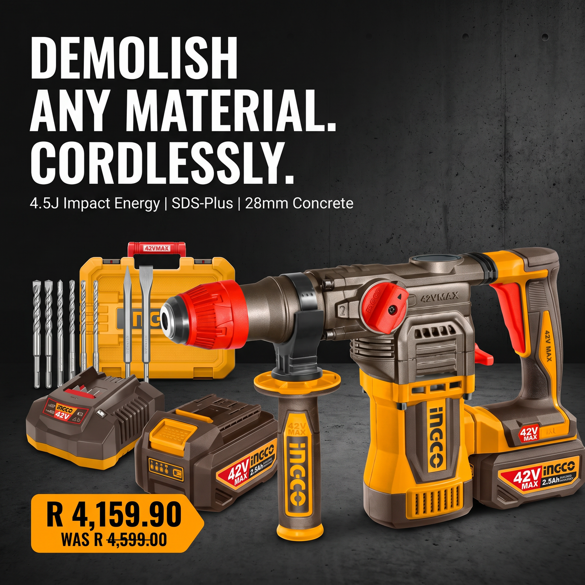 INGCO 42V Brushless Rotary Hammer Kit | 4.5J | SDS-Plus | 2 Batteries | CRHLI422882 | South Africa
