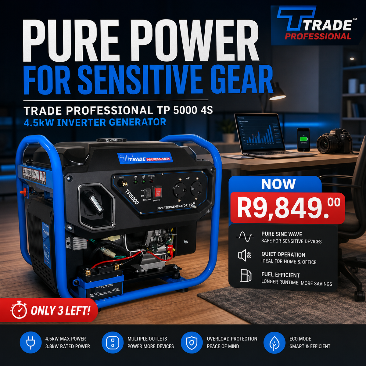 Trade Professional TP5000 4S 4.5kW Inverter Generator | Pure Sine Wave | South Africa