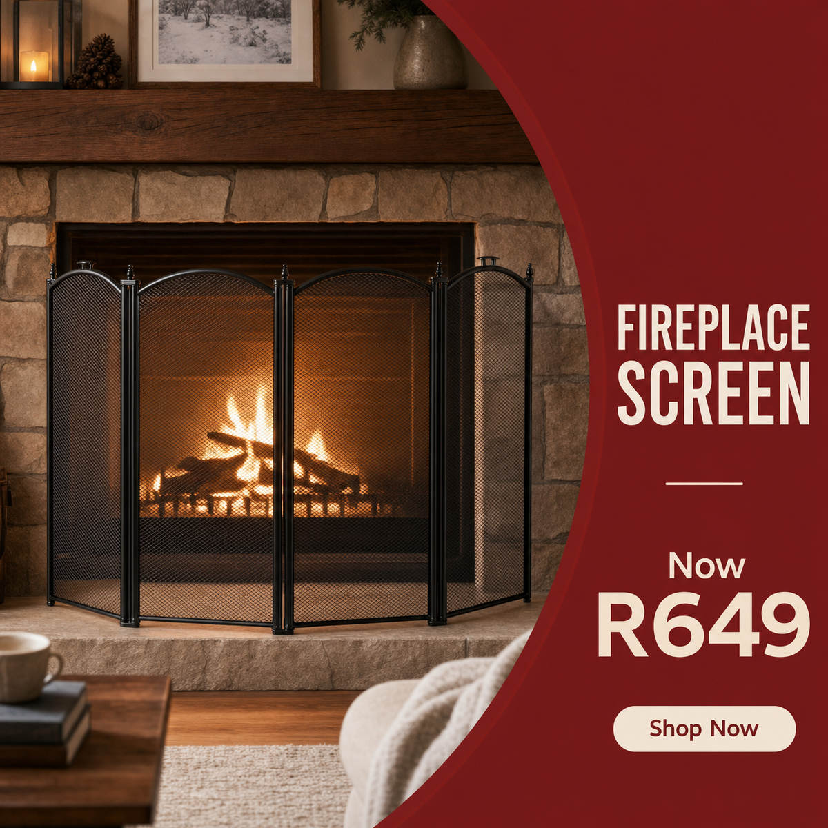 Fireplace Screen 4 Fold | Black Mild Steel Spark Guard 960 x 570mm