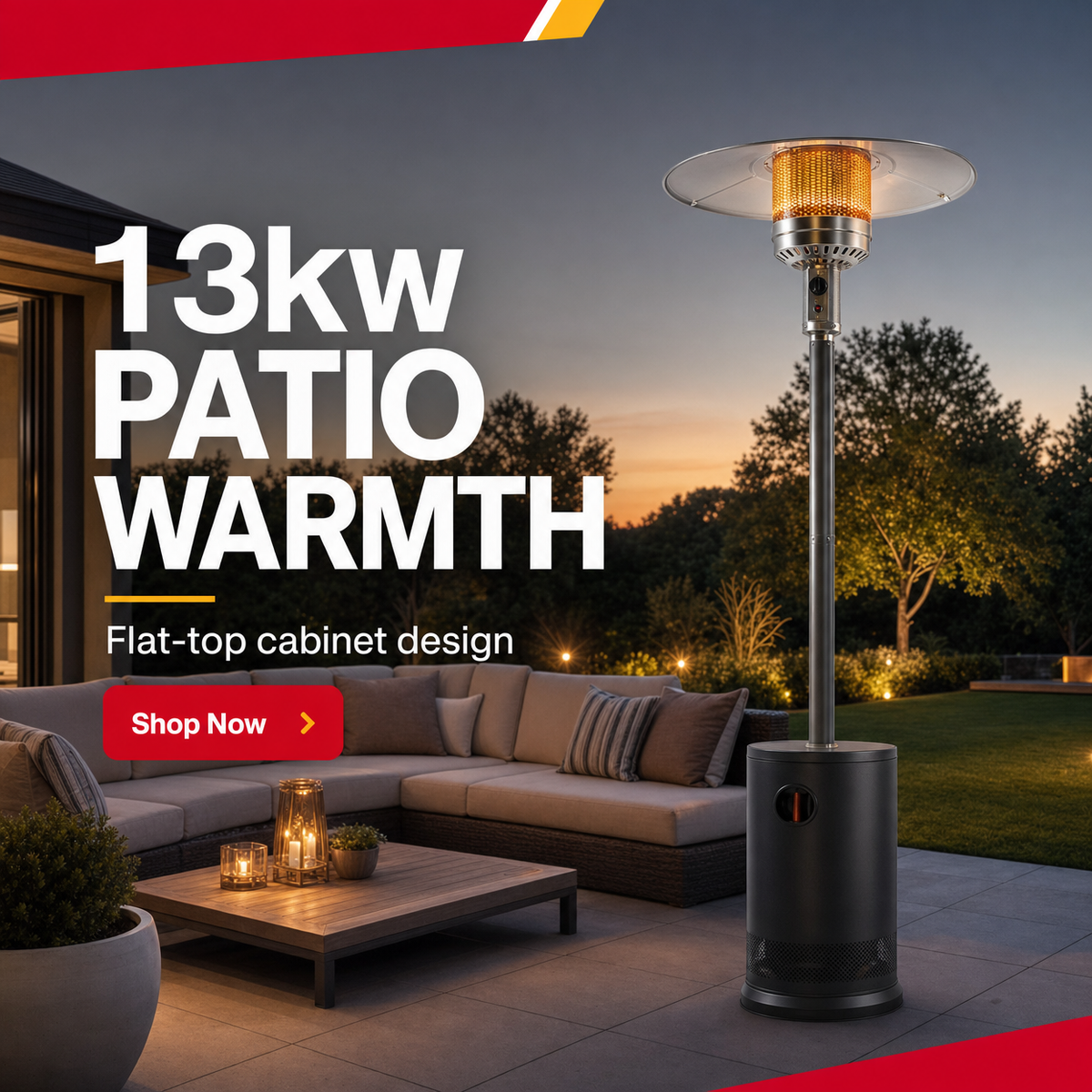 Gas Patio Heater with Flat-Top Cabinet Design | 13kW LPG Outdoor Heater