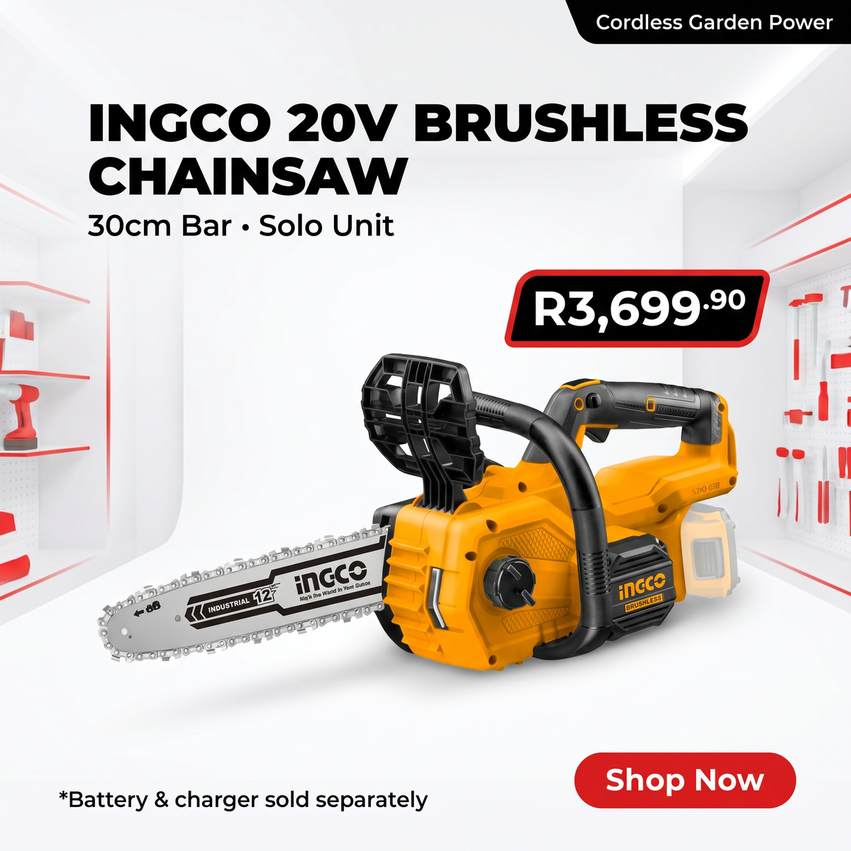 INGCO 20V Cordless Brushless Chainsaw | 30cm Bar | Cordless Garden Power Tool | CGSLI20128