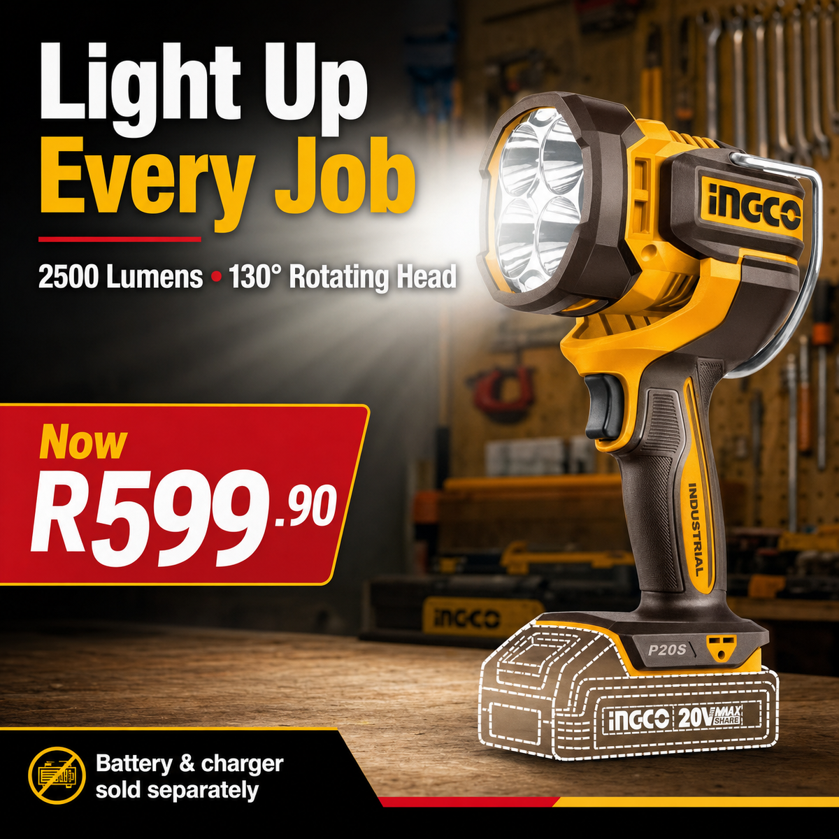 INGCO 20V Cordless Work Lamp — 2500 Lumens (Tool Only)