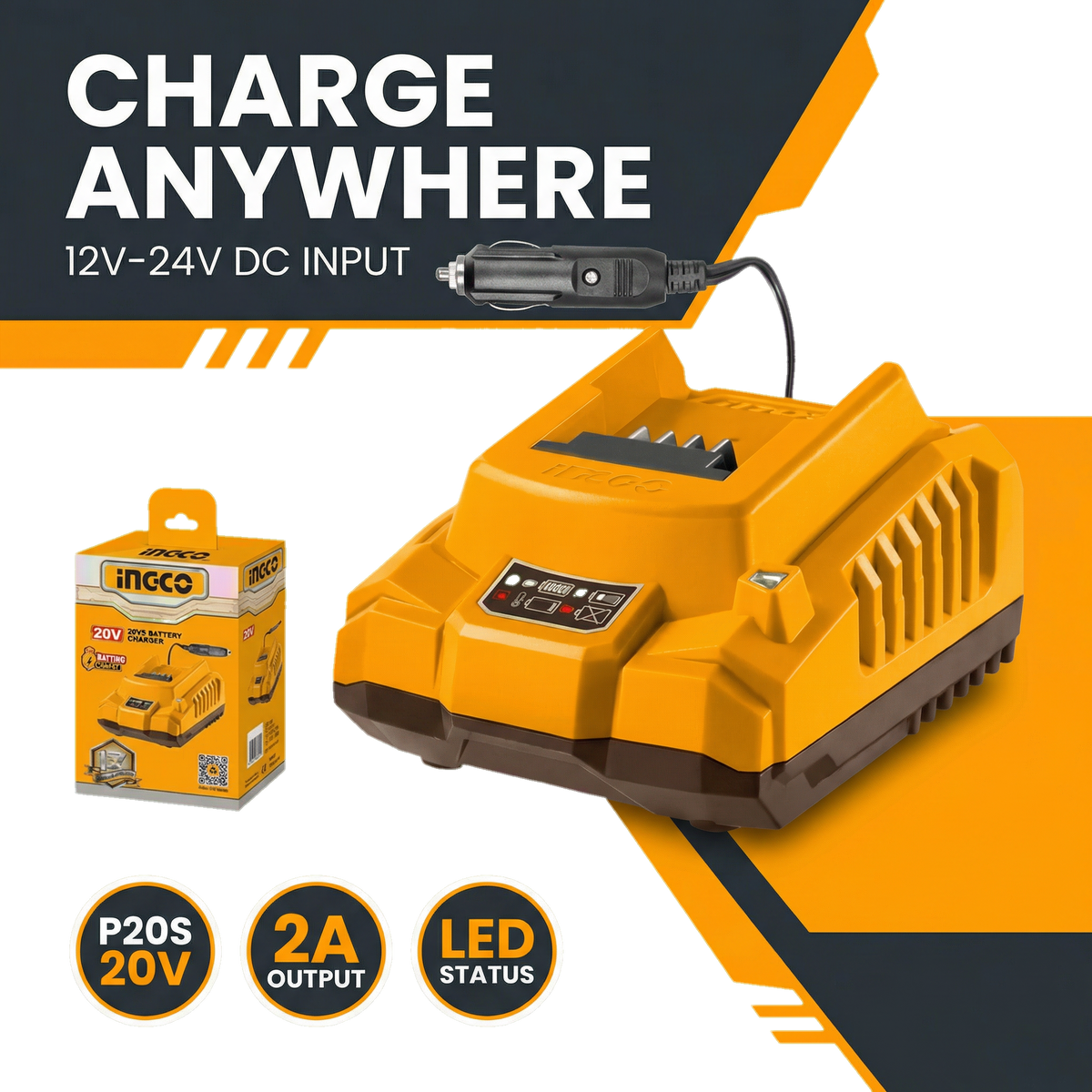 INGCO 20V P20S Battery Charger | 12V-24V DC Fast Charging with LED Status Indicator