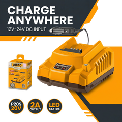 INGCO 20V P20S Battery Charger | 12V-24V DC Fast Charging with LED Status Indicator