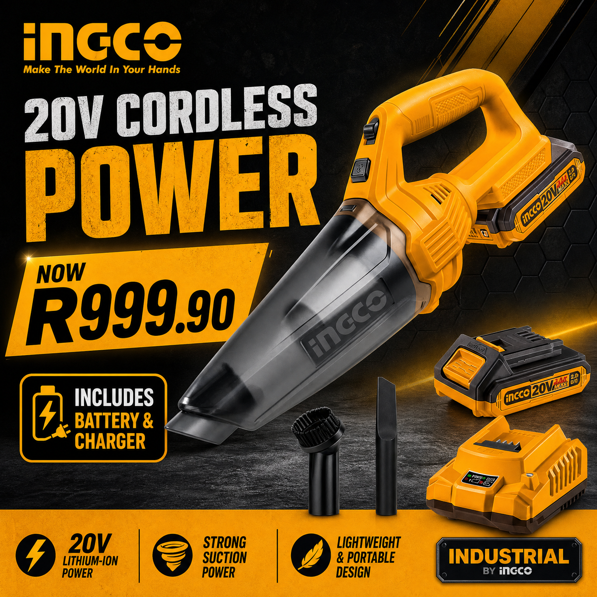 INGCO 20V Cordless Vacuum Cleaner | 2.0Ah Battery &amp; Charger Included | CVLI20126 | South Africa