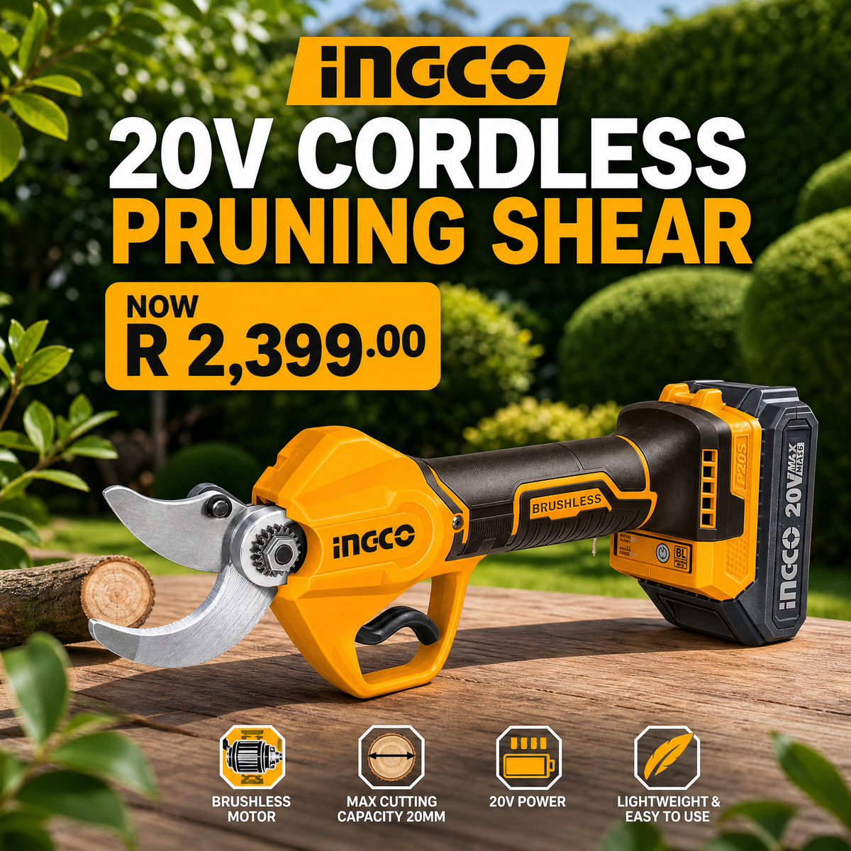 INGCO 20V Cordless Pruning Shear | Cuts 30mm Branches | Tool Only | CSSLI20308 | South Africa