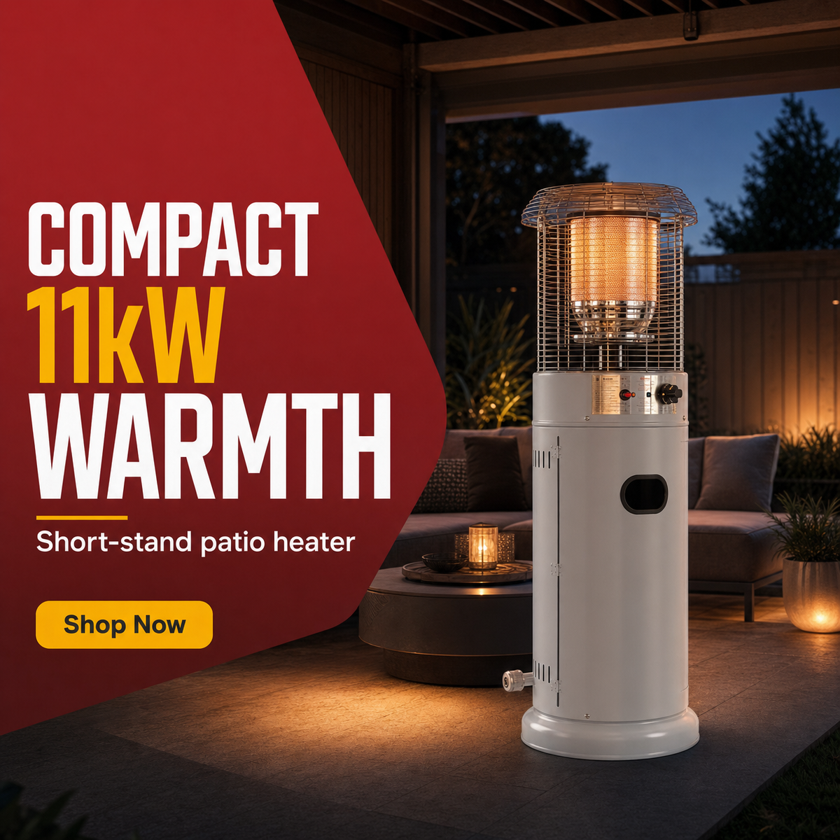 Short Stand Gas Patio Heater 1.35m | Light Cement Grey 11kW LPG Heater