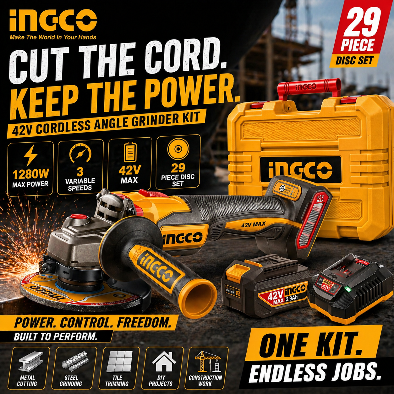 INGCO 42V Brushless Angle Grinder Kit | 115mm / 100mm | 2x 2.5Ah Batteries & Discs