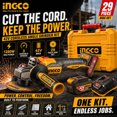 INGCO 42V Brushless Angle Grinder Kit | 115mm / 100mm | 2x 2.5Ah Batteries & Discs