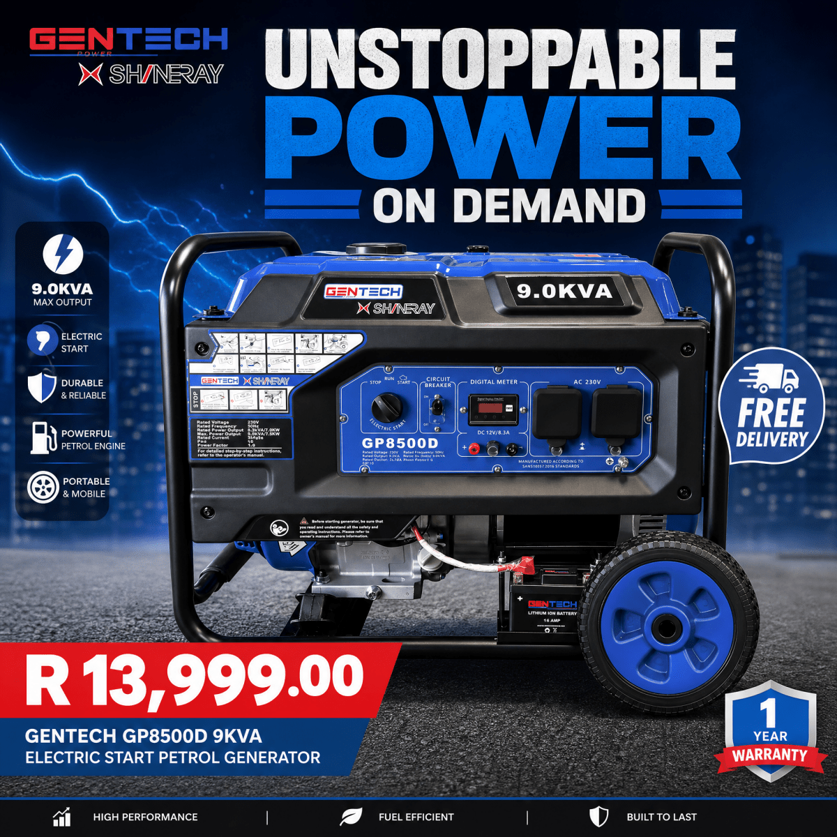Gentech GP8500D 9kVA Electric Start Petrol Generator | 25L Tank | 12Hr Runtime | South Africa