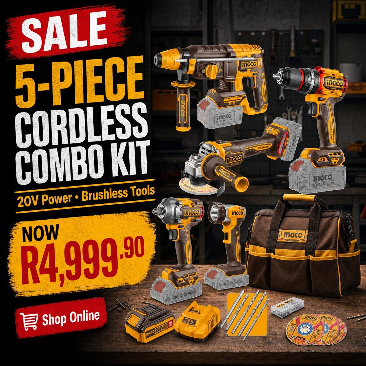 INGCO 5-Piece 20V Cordless Combo Kit | Drill + Impact + Saw + Blower | CKLI20595 | South Africa