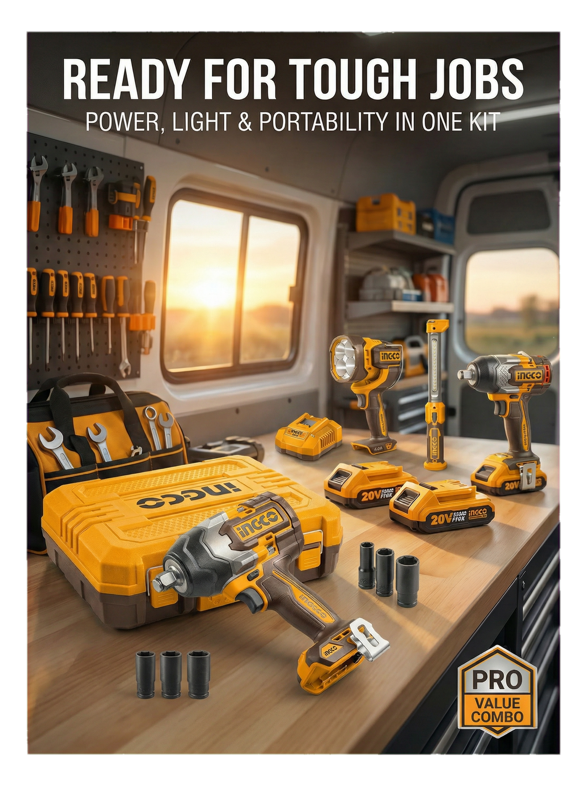 INGCO 20V 4-in-1 Cordless Combo Kit | 2 Brushless Impact Wrenches, 2 Work Lamps, 2 Batteries & Carry Case