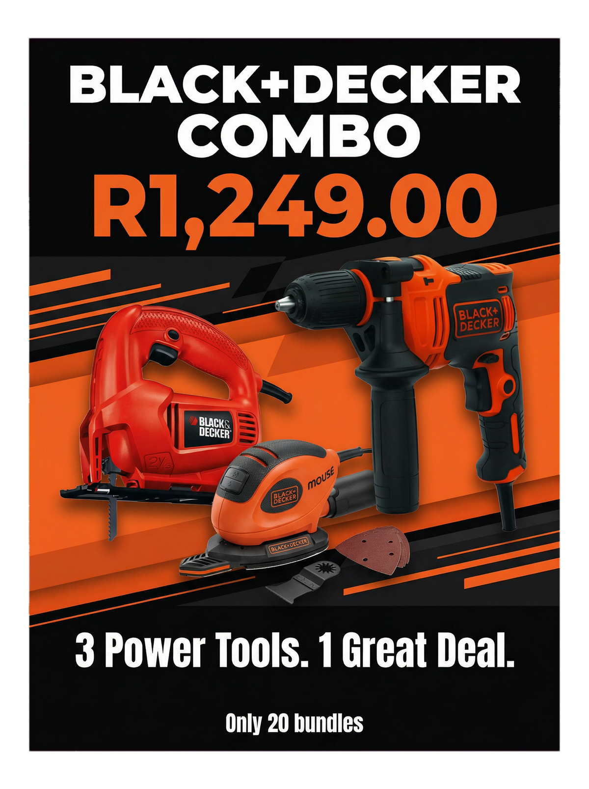 BLACK+DECKER 3-Tool DIY Combo Bundle | 710W Hammer Drill + 400W Jigsaw + 55W Mouse Sander