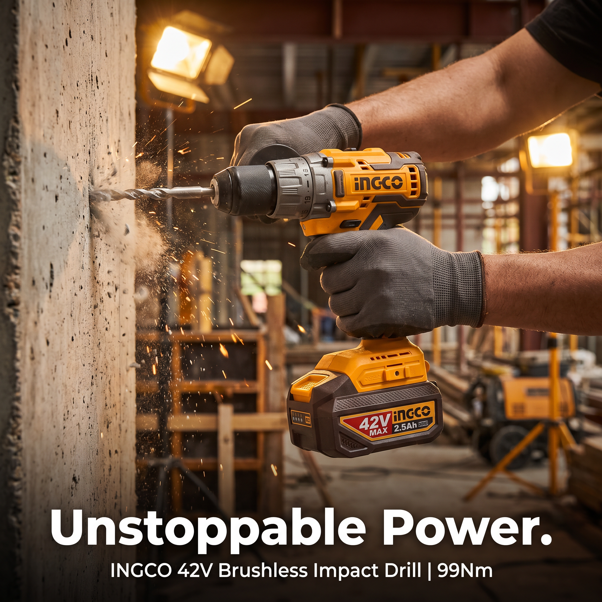 Ingco Cordless 42V Lithium-ion Impact Drill 99NM Brushless Kit CIDLI429982