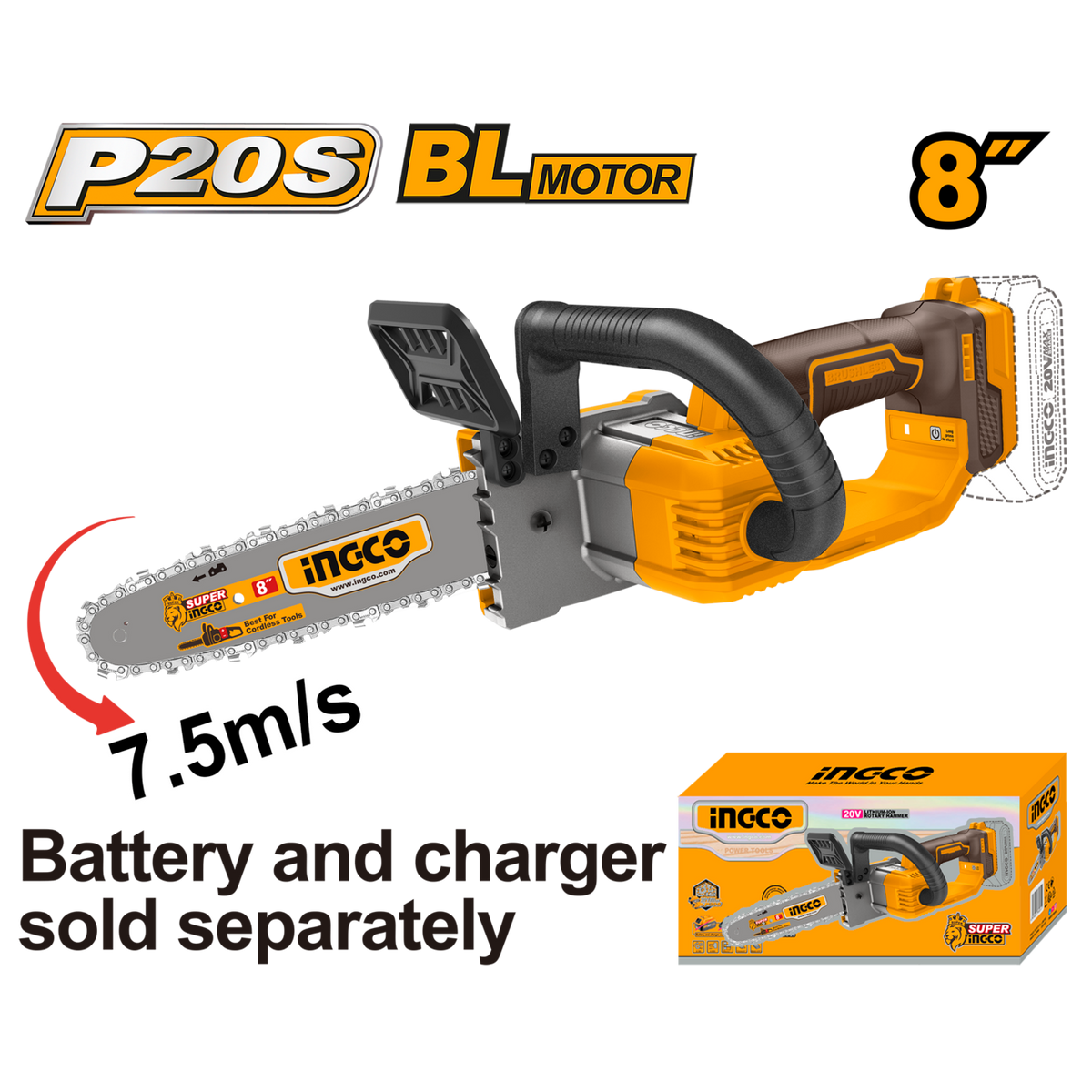 Ingco Cordless Chainsaw 8" 20V (Tool Only)