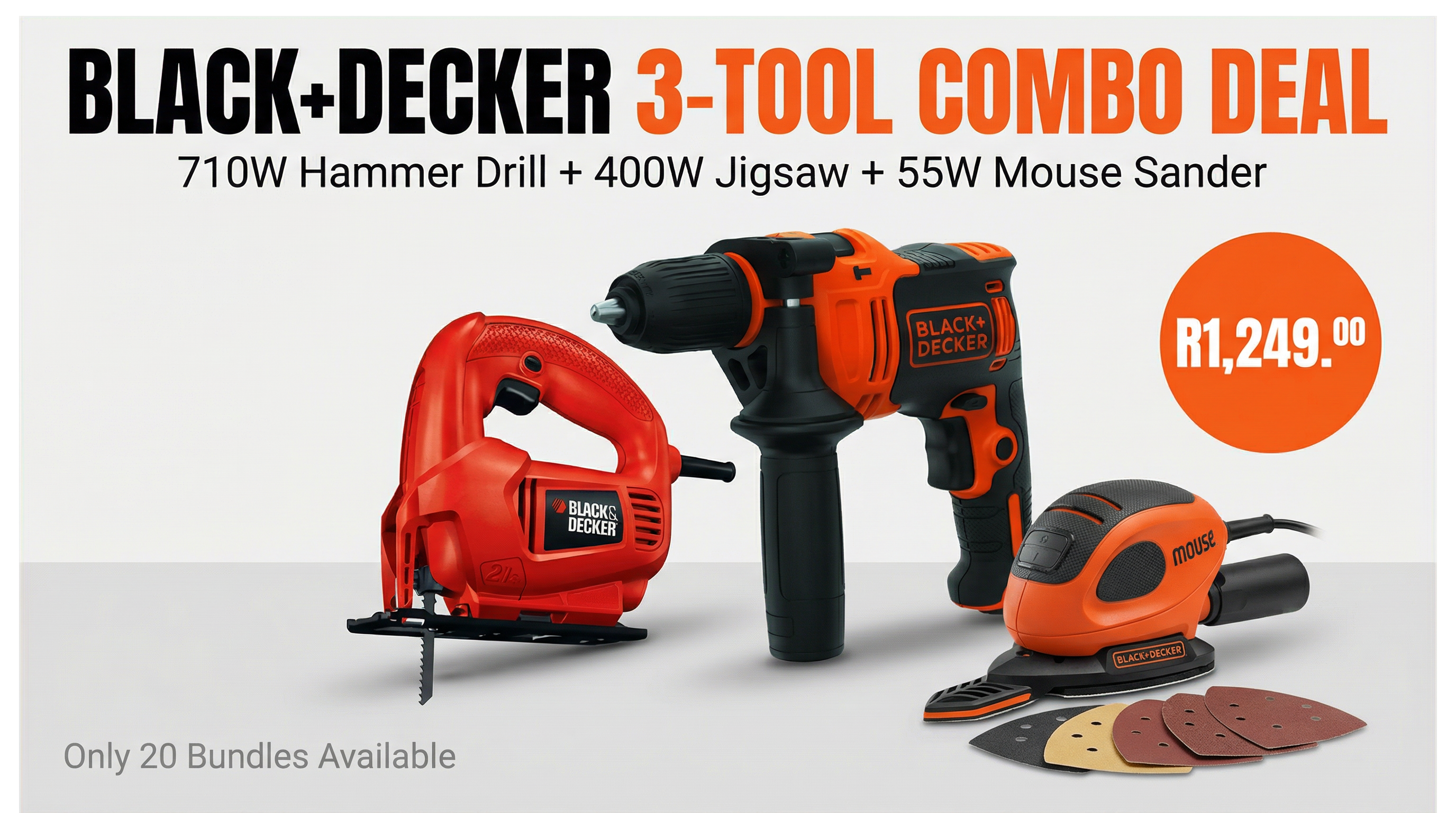 BLACK+DECKER 3-Tool DIY Combo Bundle | 710W Hammer Drill + 400W Jigsaw + 55W Mouse Sander