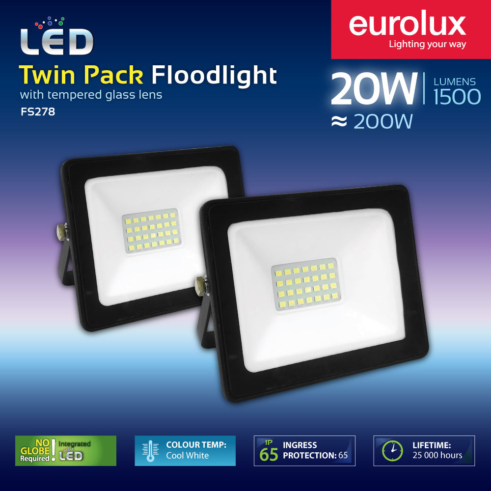 Eurolux LED 20W floodlight 4000k black twin pack